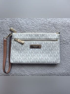 Michael Kors Cream Logo Zip Wristlet with Gold Hardware